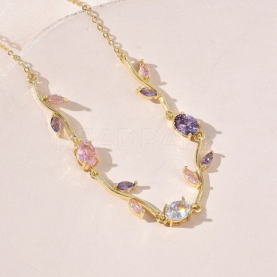 Brass Pave Cubic Zirconia Rose Flower Link Cable Chain Necklaces for Women NJEW-C121-05A-01G-1