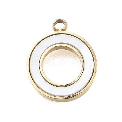 304 Stainless Steel Pave Natural White Shell Ring Charms STAS-R159-18G-1