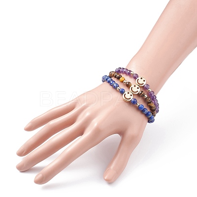 Faceted Round Natural Tiger Eye & Lapis Lazuli & Amethyst Beads Stretch Bracelets Set BJEW-JB07082-1