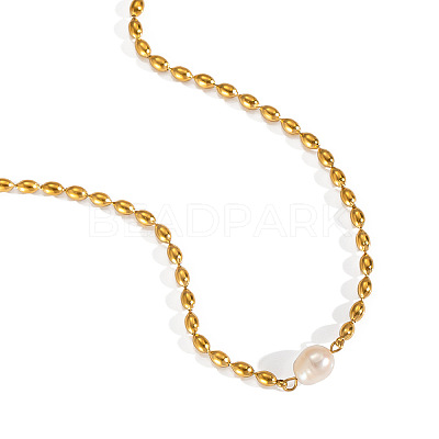 French Natural Freshwater Pearl Potato Stainless Steel Rice Beaded Necklaces for Women KT1786-1