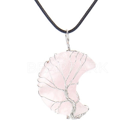 Natural Rose Quartz Crescent Moon Pendant Necklaces PW-WG70010-03-1