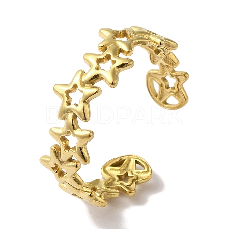 PVD Vacuum Plating 201 Stainless Steel Hollow Star Open Cuff Rings for Women RJEW-C092-11G-1