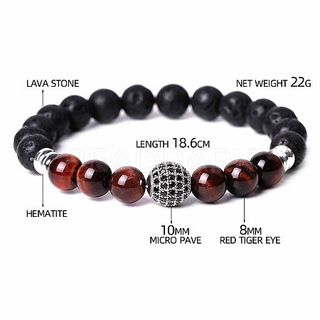 Dyed & Heated Natural Red Tiger Eye & Lava Rock & Cubic Zirconia Round Beads Stretch Bracelets for Men Women Round Beads Stretch Bracelets for Men Women FF8165-12-1