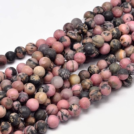 Frosted Natural Rhodonite Round Bead Strands G-F266-13-6mm-1