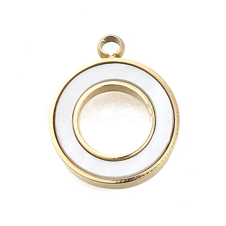 304 Stainless Steel Pave Natural White Shell Ring Charms STAS-R159-18G-1