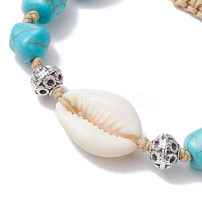 Adjustable Synthetic Turquoise Dyed Beads & Natural Cowrie Shell Beaded Braided Bead Bracelets for Women BJEW-JB11544-01-1