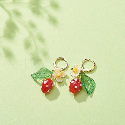 Lampwork Strawberry with Plastic Pearl Flower Dangle Leverback Earring X-EJEW-TA00130-1