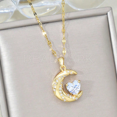 Moon & Heart 304 Stainless Steel Micro Pave Clear Cubic Zirconia Pendant Necklaces FS-WG967E3-01-1