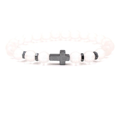 8MM Round Frosted Natural White Jade Beaded Stretch Bracelets with Synthetic Non-magnetic Hematite Cross FA1012-13-1