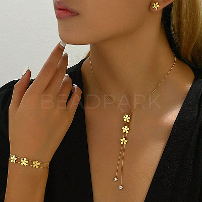 Flower Stainless Steel Crystal Rhinestone Lariat Necklaces & Stud Earrings & Bracelets Sets for Women FS-WG939A0-01-1