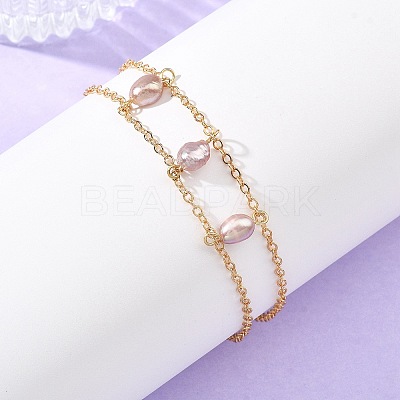 Brass Cable Chains & Rice Natural Cultured Freshwater Pearl Double Layers Bracelets for Women BJEW-JB14135-1