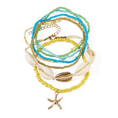 2 Bags Summer Beach Glass Seed Beaded & Natural Shell & Alloy Starfish Charm Anklet Sets AJEW-TA0003-69B-1