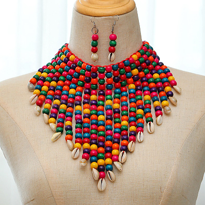 Alloy & Natural Shell & Wood Bead Necklaces & Dangle Earrings for Women FS-WG28A7F-03-1