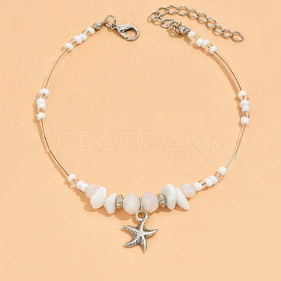 Natural White Jade Chips & Glass Beads Anklets WGE754A-02-1