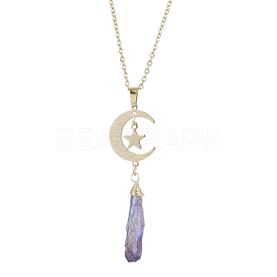 Electroplated Natural Quartz Crystal with Moon and Star Pendant Necklaces NJEW-JN04686-1