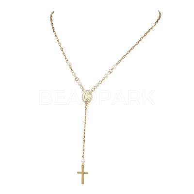 304 Stainless Steel Paperclip Chain and Shell Pearl Rosary Bead Necklaces NJEW-JN06248-1