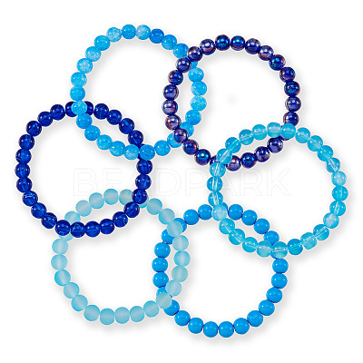 6Pcs 6 Styles 8mm Glass Round Beaded Stretch Bracelet Sets BJEW-TAC0021-1