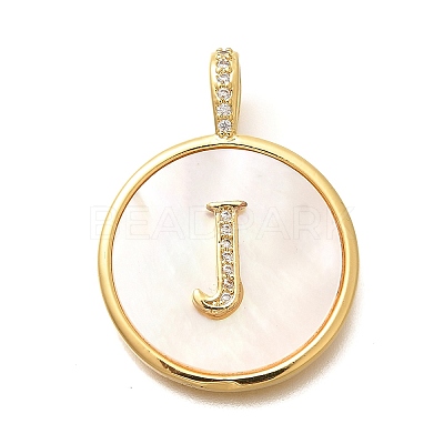 Rack Plating Brass Micro Pave Clear Cubic Zirconia Pendants with Shell KK-M309-42G-J-1