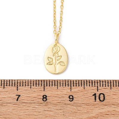 925 Sterling Silver Oval with Engraved Rose Flower Pendant Necklaces for Women NJEW-D316-03G-1