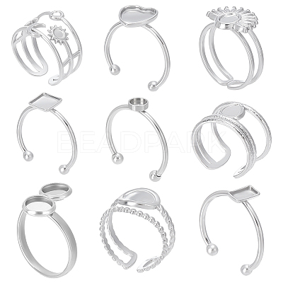 9Pcs 9 Styles 201 & 304 Stainless Steel Open Cuff Ring Findings STAS-WR0001-32-1