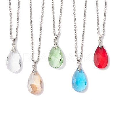 Glass Faceted Teardrop Pendant 304 Stainless Steel Cable Pendant Necklaces for Women NJEW-JN05297-1