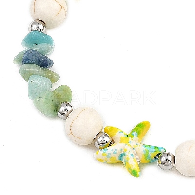 Dyed Synthetic Turquoise Starfish & Natural Flower Amazonite Chip Beaded Anklets with 304 Stainless Steel End Chains AJEW-AN00733-03-1