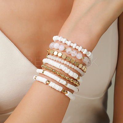 8Pcs Polymer Clay Heishi & CCB Plastic & Glass Beaded Stretch Bracelets Set For Women FS-WGAEA5C-02-1