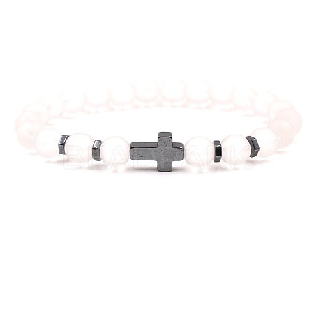 8MM Round Frosted Natural White Jade Beaded Stretch Bracelets with Synthetic Non-magnetic Hematite Cross FA1012-13-1