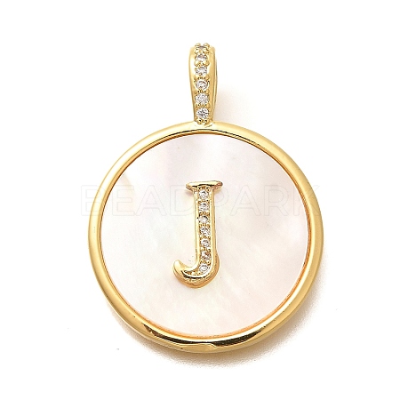 Rack Plating Brass Micro Pave Clear Cubic Zirconia Pendants with Shell KK-M309-42G-J-1