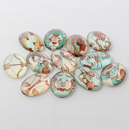 Colorful Flat Oval Constellation/Zodiac Sign Printed Glass Cabochons GGLA-A003-18x25-AC-1