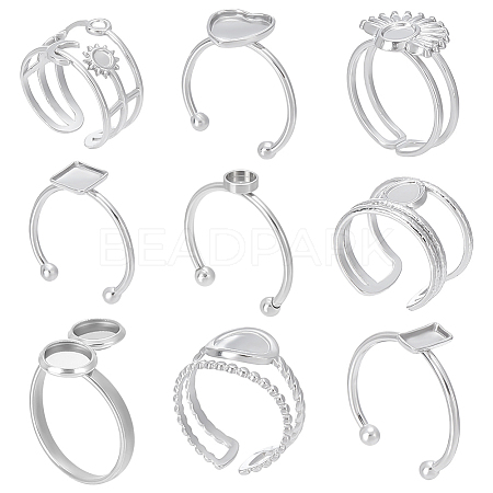 9Pcs 9 Styles 201 & 304 Stainless Steel Open Cuff Ring Findings STAS-WR0001-32-1