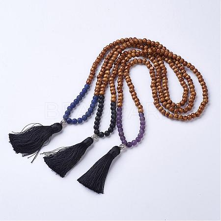 Natural Gemstone and Wood Mala Beads Necklaces NJEW-JN01779-1