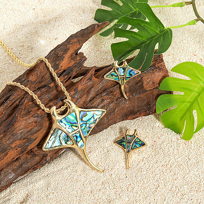 Manta Ray Alloy Abalone Shell Pendant Necklaces & Stud Earrings Sets for Women FS-WGFBE97-01-1