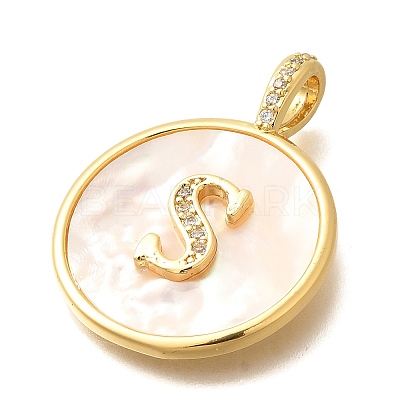 Rack Plating Brass Micro Pave Clear Cubic Zirconia Pendants with Shell KK-M309-42G-S-1
