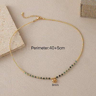 Stainless Steel Heart Pendant Faceted Round Natural Turquoise with Miyuki Beaded Necklaces UF0843-6-1