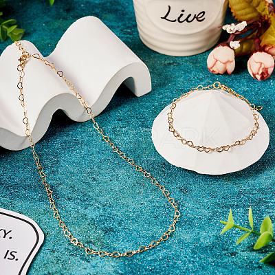 Brass Heart Link Chain Bracelet & Necklace with 304 Stainless Steel Lobster Claw Clasps SJEW-TA0001-03-1