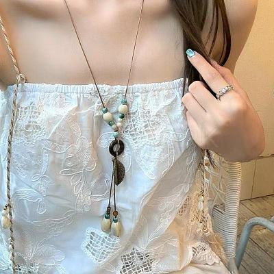 Chinese Style Porcelain & Alloy & Wood Leaf Pendant Adjustable Waxed Cord Long Necklaces for Women WG8DC5B-01-1