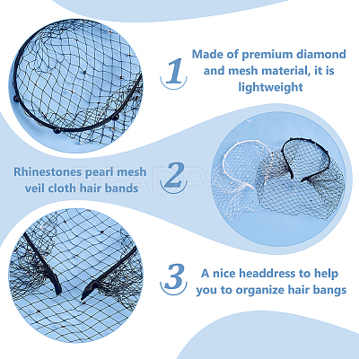 2Pcs 2 Colors Bridal Rhinestones Pearl Mesh Veil Cloth Hair Bands OHAR-BC0001-03-1