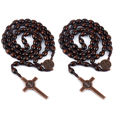 2Pcs Zinc Alloy & Wood Jesus Cross Rosary Bead Necklaces NJEW-DC0001-14-1