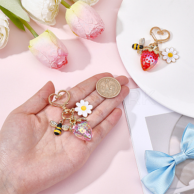 2Pcs 2 Colors Resin & Enamel Strawberry with Flower Keychains KEYC-PH0002-41-1