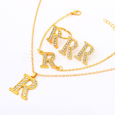 Letter Crown Alloy Rhinestone Pendant Necklaces & Stud Earring & Rings & Bracelet Sets for Women FS-WG4B6BC-01-1