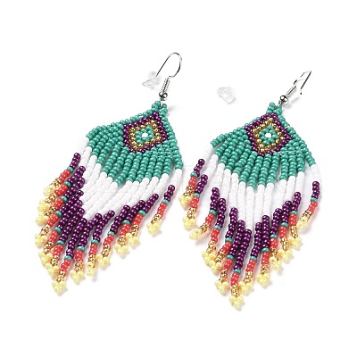 Glass Seed Braided Rhombus with Tassel Chandelier Earrings LS-EJEW-H084-05P-1