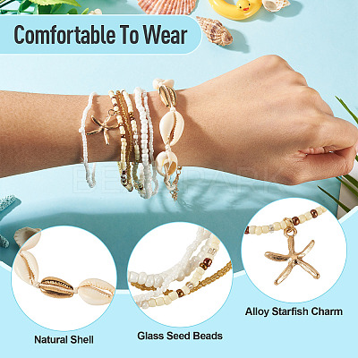 2 Bags Summer Beach Glass Seed Beaded & Natural Shell & Alloy Starfish Charm Anklet Sets AJEW-TA0003-69F-1