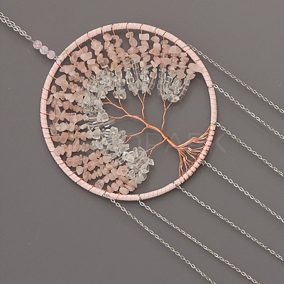 Brass Wire Wrapped Natural Rose Quartz & Quartz Crystal Chips Tree of Life Pendant Decorations HJEW-D302-04-1