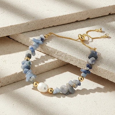 Natural Freshwater Pearl and Natural Blue Aventurine(Dyed & Heated) Chip Beaded Adjustable Brass Box Chain Slider Bracelets for Women PS0343-2-1