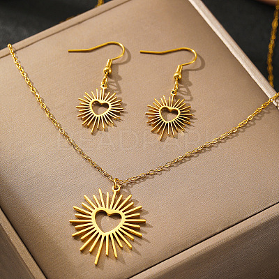 Heart Sun 304 Stainless Steel Pendant Necklaces & Dangle Earrings Sets FS-WGE9EFA-01-1