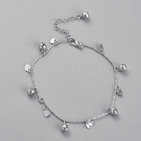 Brass Textured Heart Charm Anklets AJEW-B005-06P-1
