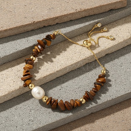 Natural Freshwater Pearl and Natural Tiger Eye Chip Beaded Adjustable Brass Box Chain Slider Bracelets for Women PS0343-4-1