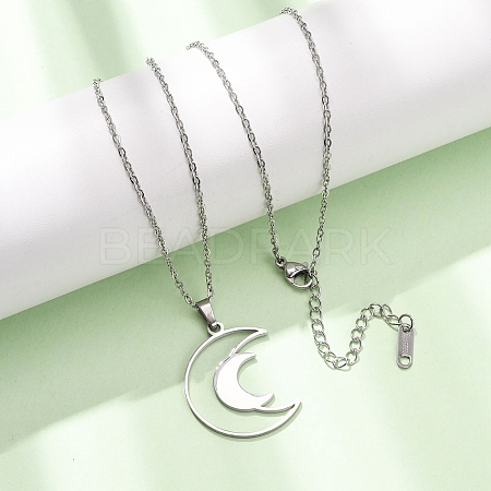 304 Stainless Steel Double Hollow Moon Pendant Cable Chain Necklaces for Men Women NJEW-K308-01E-P-1