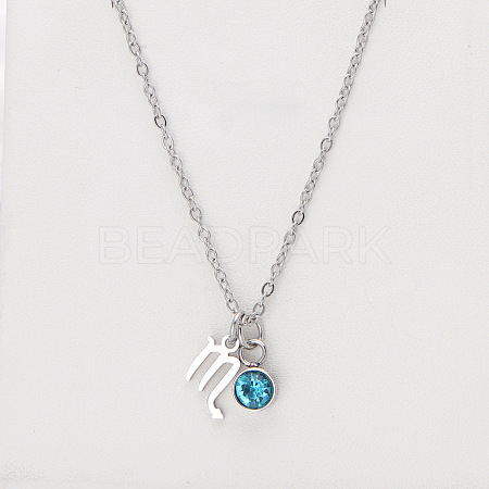 304 Stainless Steel Aquamarine Rhinestone Birth Stone Constellation Pendant Necklaces FS-WG76580-24-1